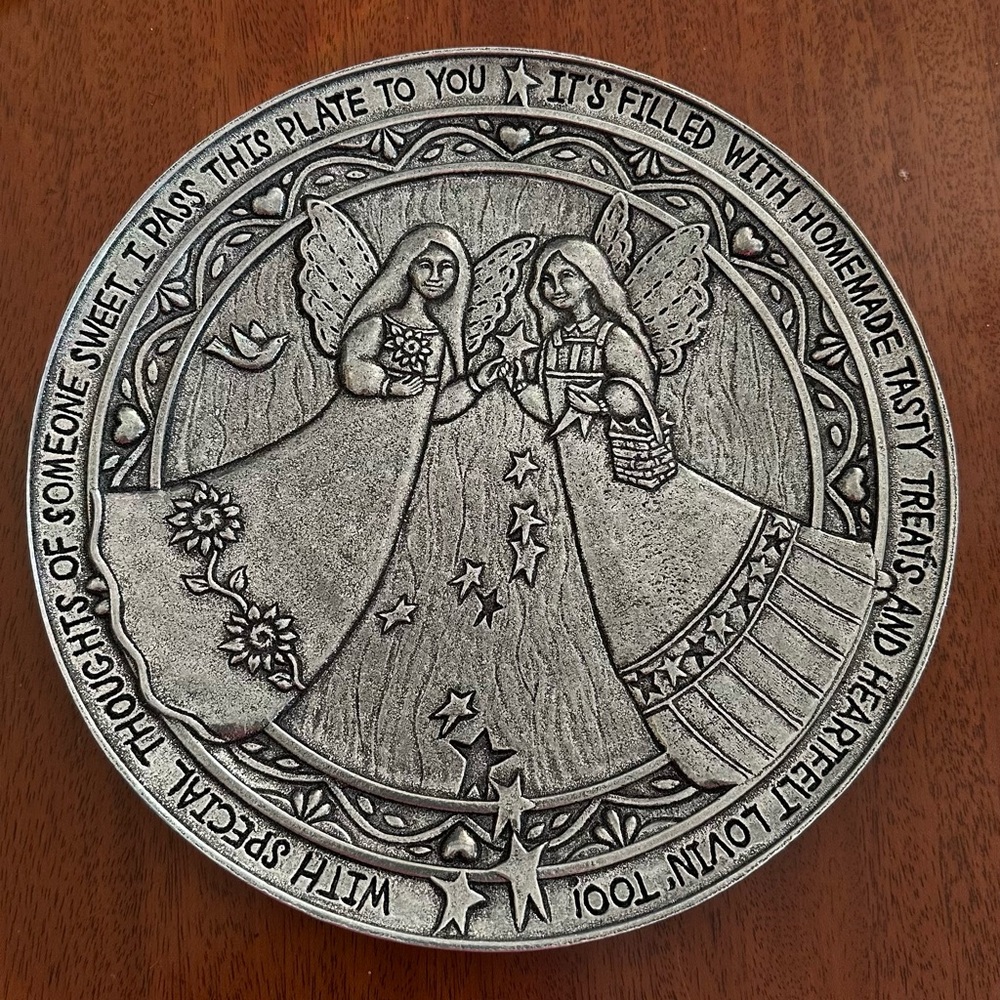 Intricate Pewter Plate with Angel Motif